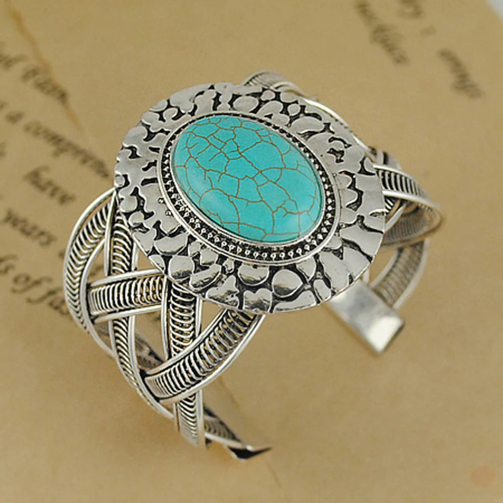 Vintage Ethnic Style Turquoise Bracelet Open Wide Wrap Bangle