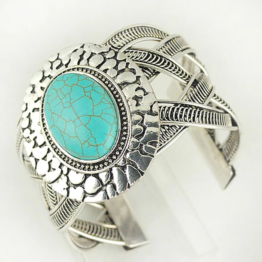 Vintage Ethnic Style Turquoise Bracelet Open Wide Wrap Bangle