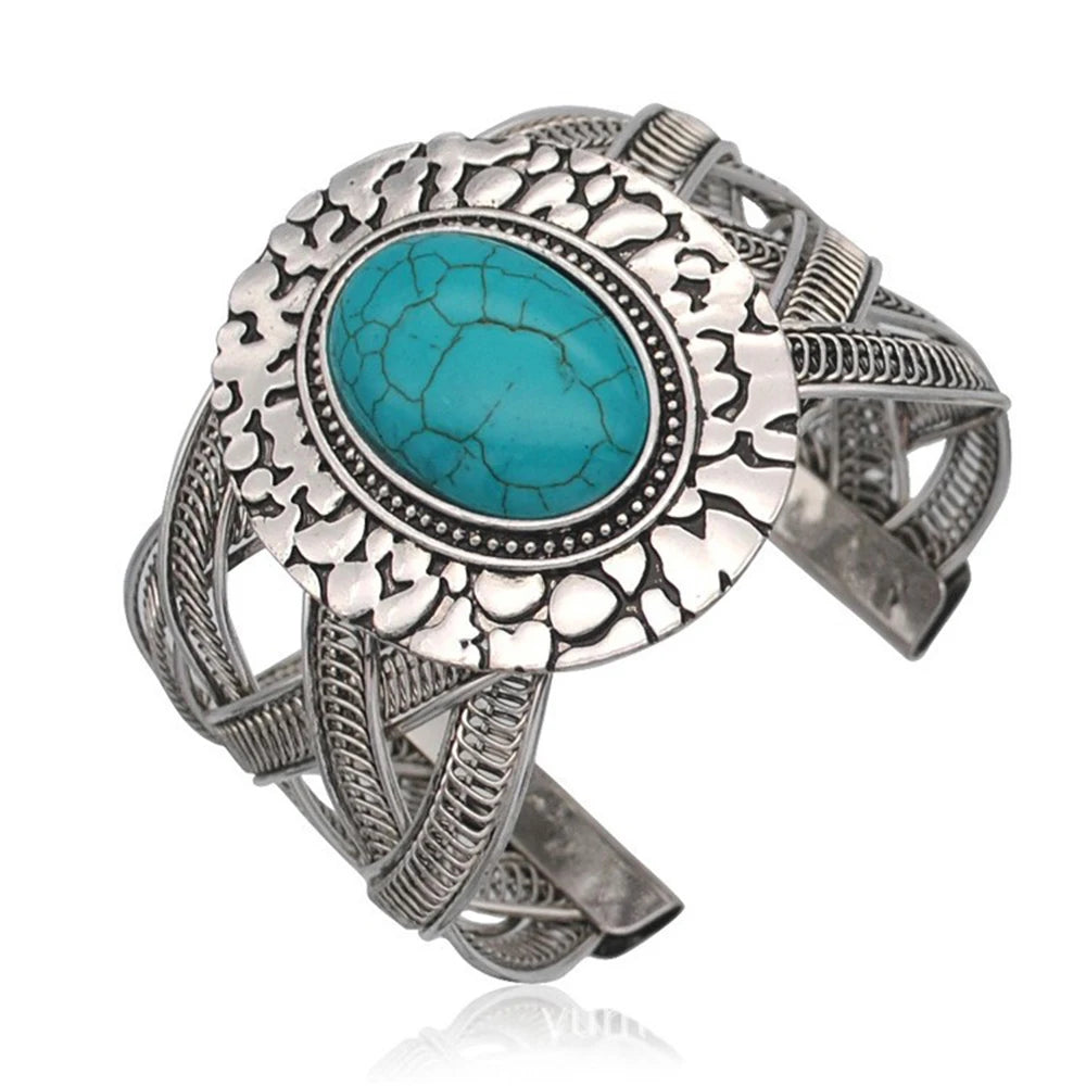 Vintage Ethnic Style Turquoise Bracelet Open Wide Wrap Bangle