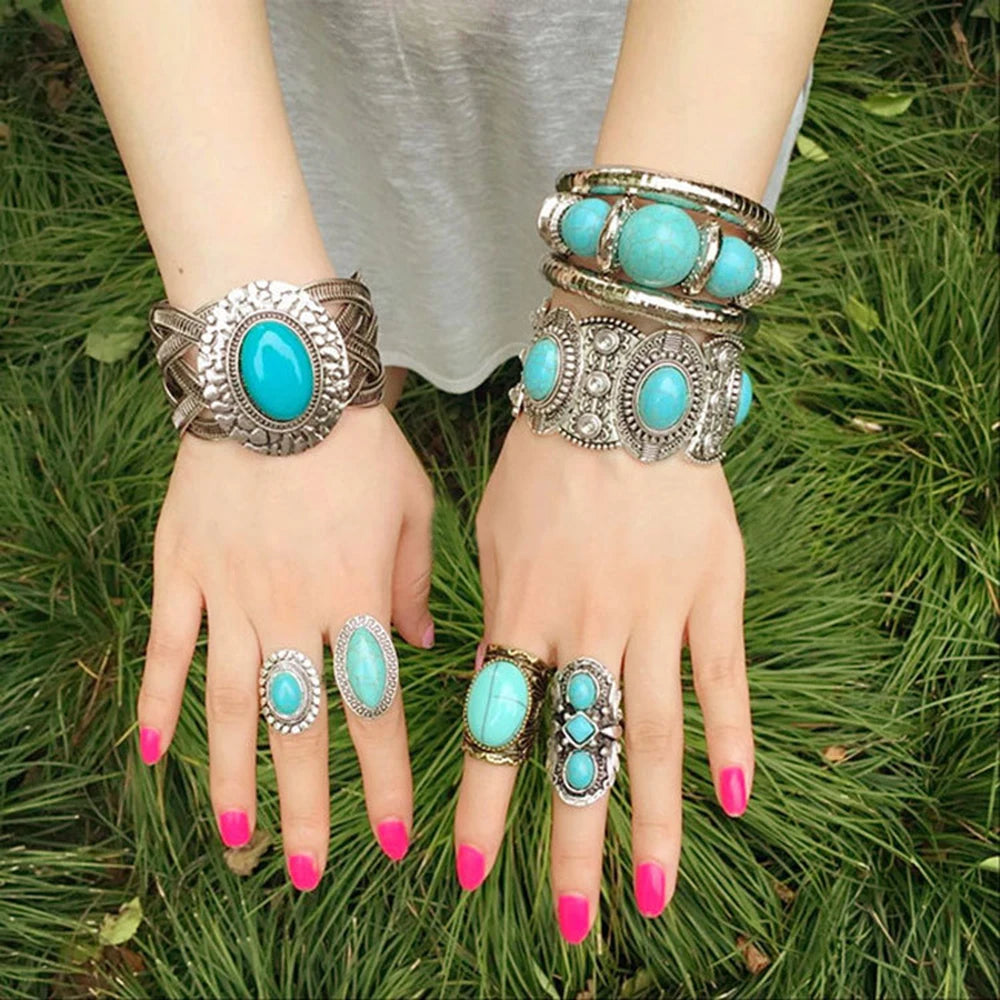Vintage Ethnic Style Turquoise Bracelet Open Wide Wrap Bangle