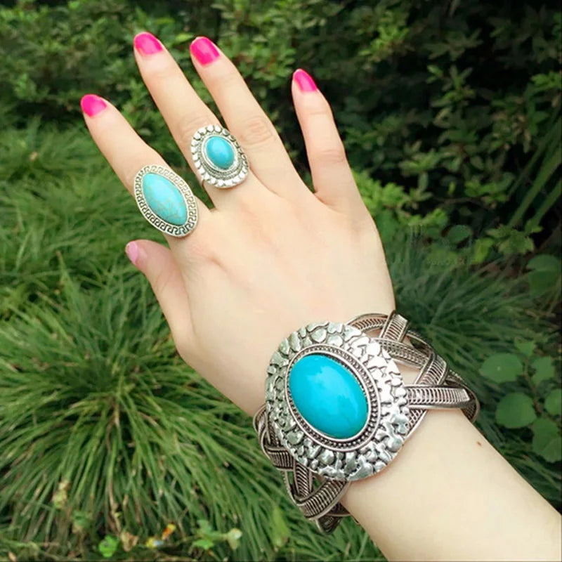 Vintage Turquoise Bracelet Ethnic Style Wide Wrap Bangle