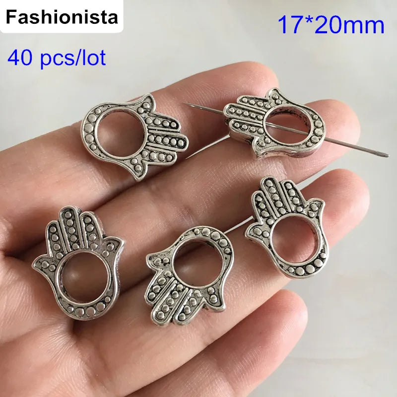 Antique Silver Hand of Fatima Beads With 8mm Hole 40 pcs