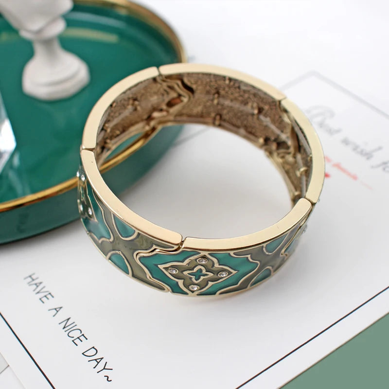 Vintage Green Enamel Wide Bangle Bracelet for Women