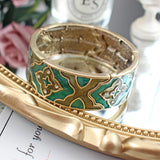 Vintage Green Enamel Wide Bangle Bracelet for Women