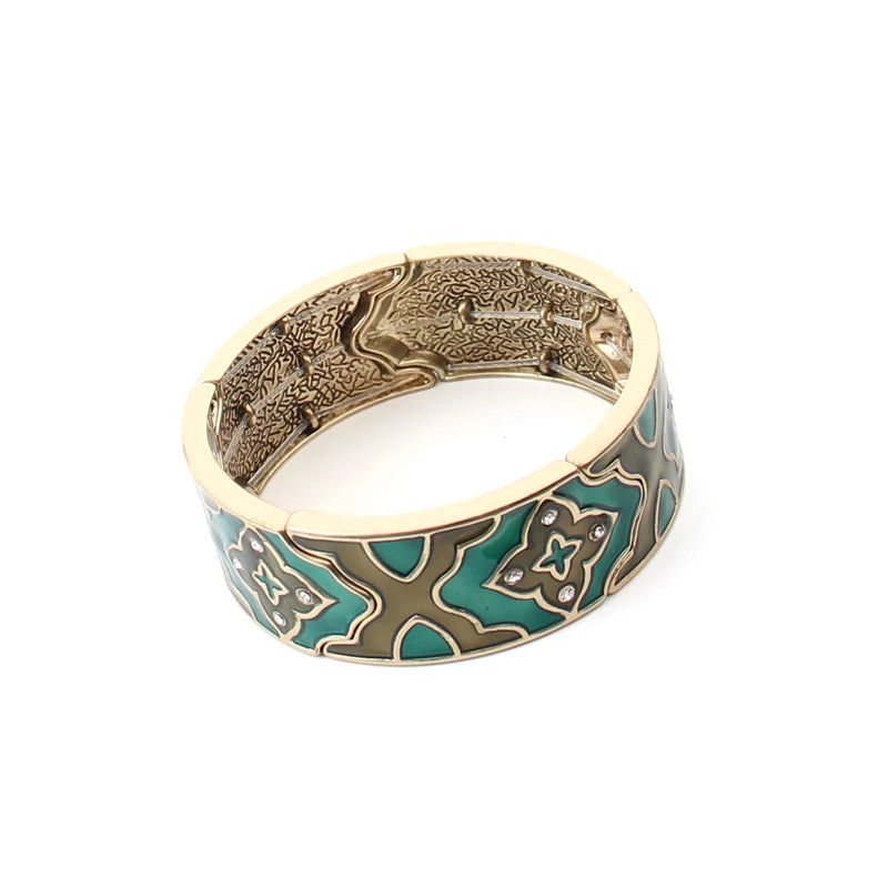 Vintage Green Enamel Wide Bangle Bracelet for Women