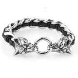 Antique Wolf Head Charm Bracelet Stainless Steel Leather Rope Men's Wristband