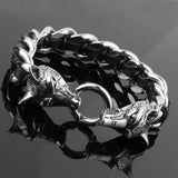Antique Wolf Head Charm Bracelet Stainless Steel Leather Rope Men's Wristband