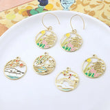 6pcs Antique Alloy Arch Bridge Pavilions Round Pendants DIY Earring Material