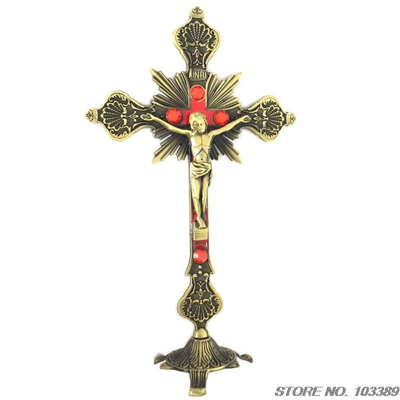 Antique Bronze Church Metal Stones Cross Lord Jesus Christ Standing Crucifix