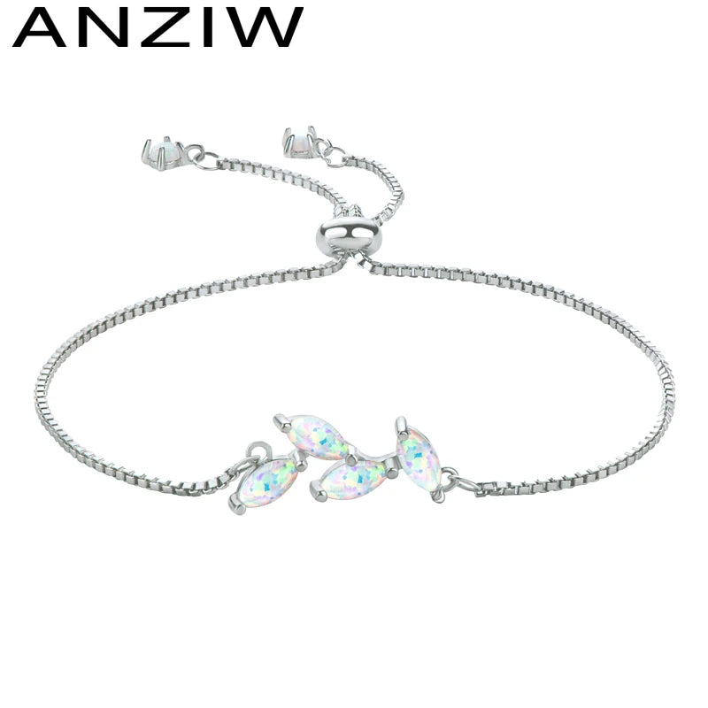 925 Silver Opal Leaf Bracelet for Women - Adjustable