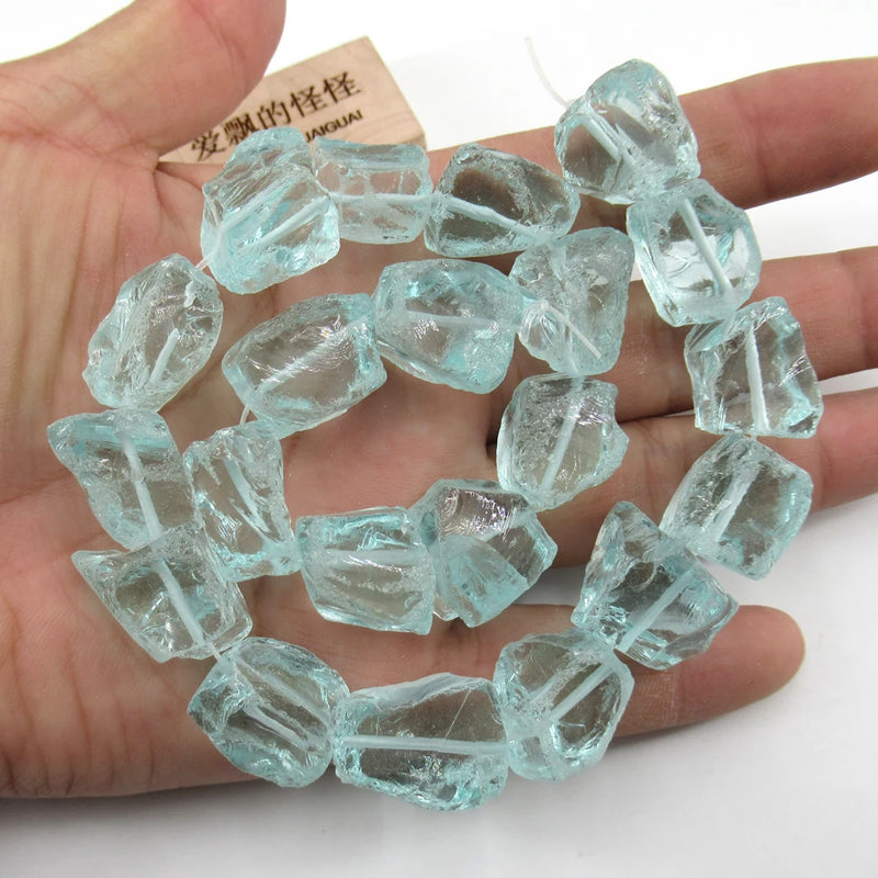 Aquamarine Natural Glass Quartz Rough Nugget Loose Beads 15"