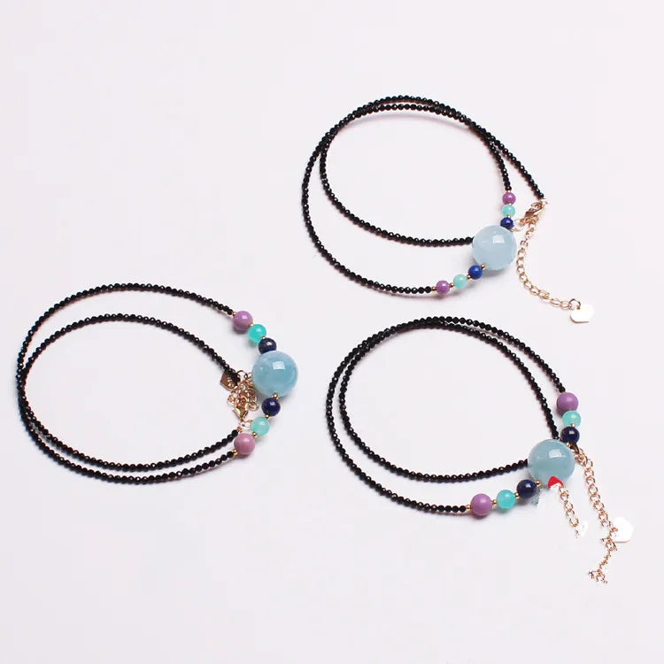 Aquamarine Amazonite Quartz Chocker Necklace Spinel Beads 16.5"