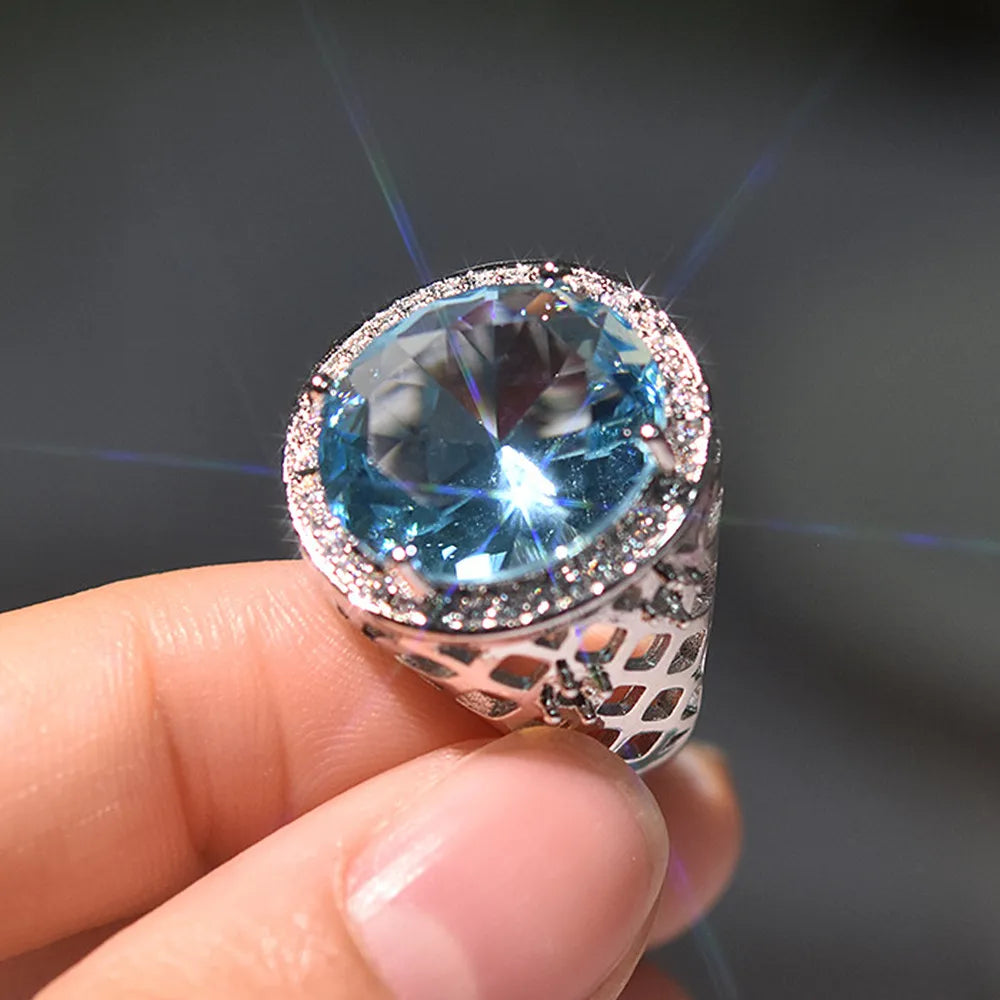 Vintage Aquamarine Emerald Green Crystal Zircon Diamond Ring Women Silver