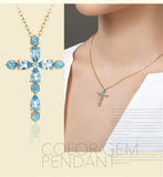 Aquamarine Gem Cross Pendant Necklace Crystal Choker Jewelry