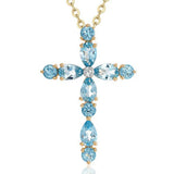 Aquamarine Gem Cross Pendant Necklace Crystal Choker Jewelry