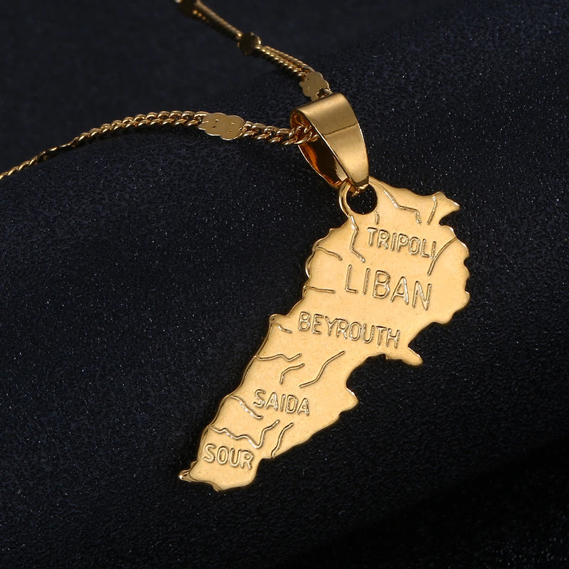Arab Muslim Brass Liban Flag Lebanon Map Pendant Necklace
