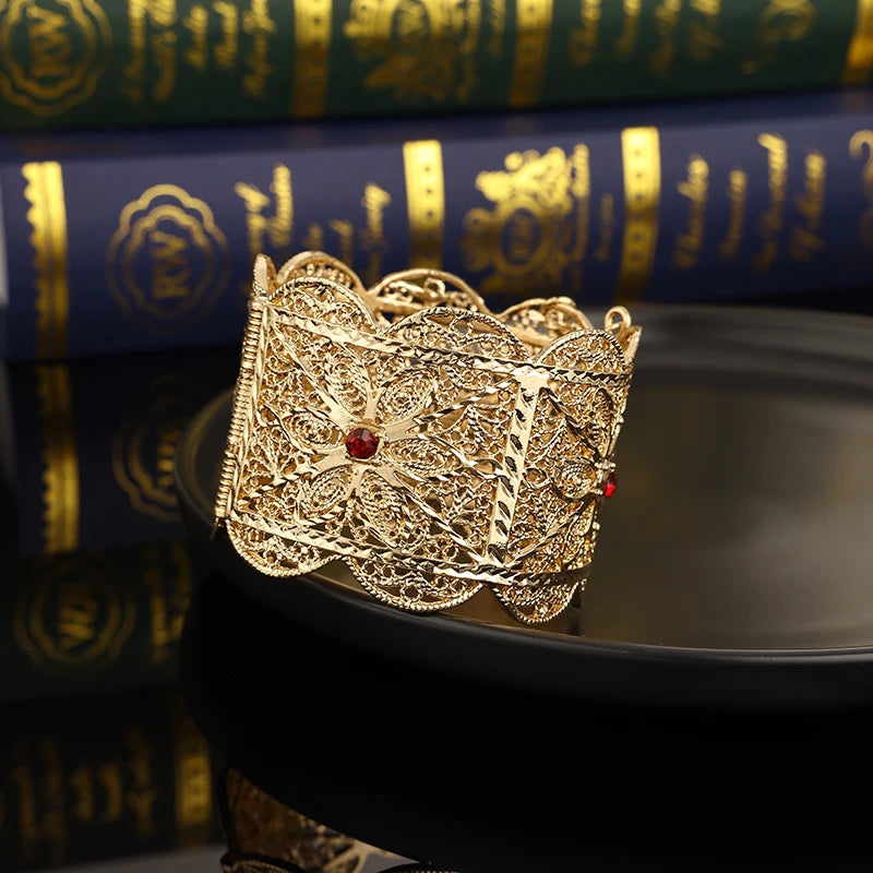 Arabi Wedding Caftan Bracelet Hollow Flower Carved Wide Cuff Wrist Jewelry
