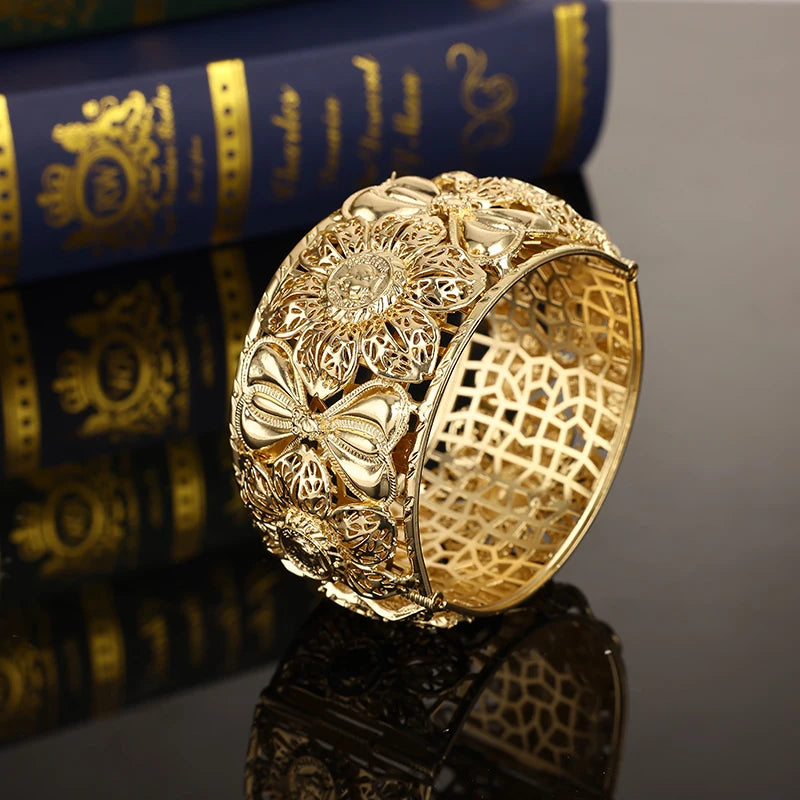 Arabian Hollow Flower Gilt Bridal Jewelry Bracelet Open Cuff