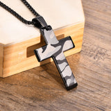 Camouflage Cross Necklace, Military Grey Pendant, Stainless Steel Chain Crucifix