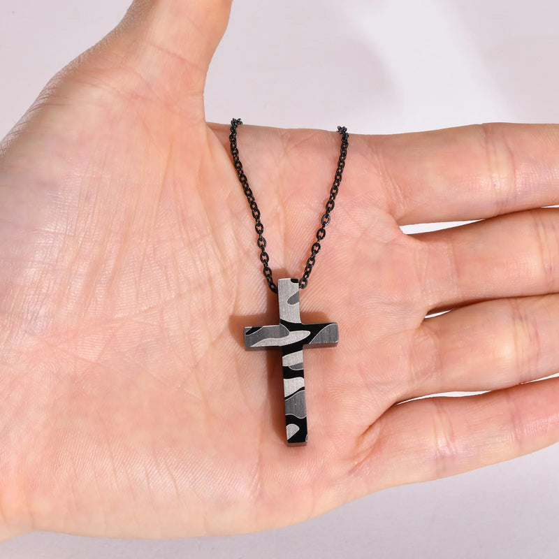 Camouflage Cross Necklace, Military Grey Pendant, Stainless Steel Chain Crucifix
