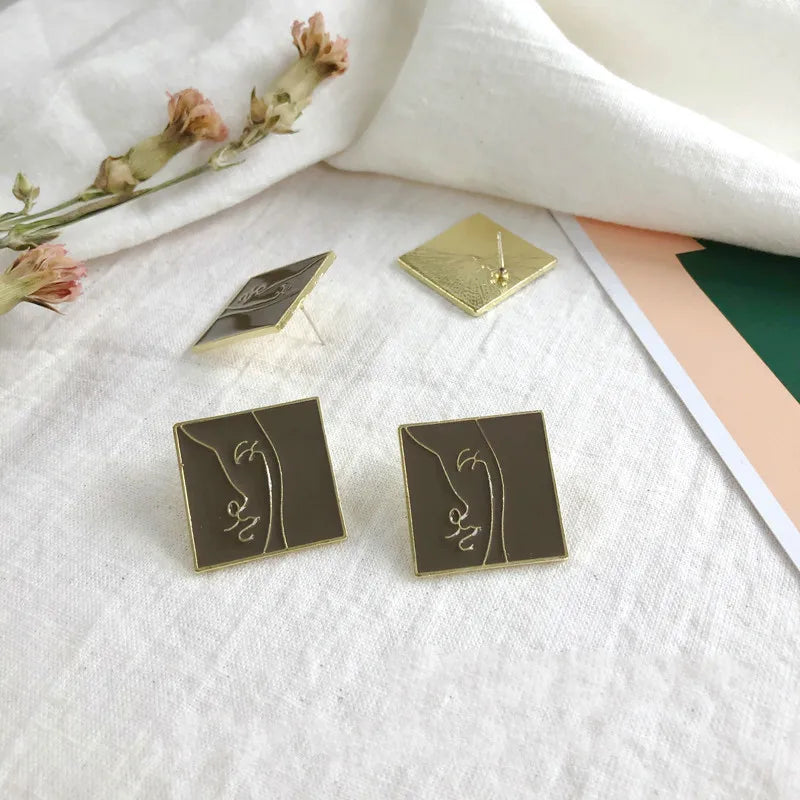 Abstract Face Line Drawing Silver Earrings
