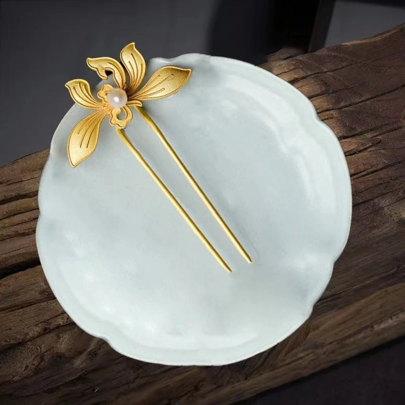 Antique Pearl Inlaid Orchid Hairpin Classical Ladies Jewelry