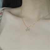 Opal Inlaid Zircon Planet Pendant Necklace S925 Sterling Silver Clavicle Chain