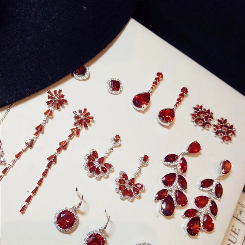 Pigeon Blood Ruby Drop Earrings Crystal Vintage Aretes Fine Jewelry