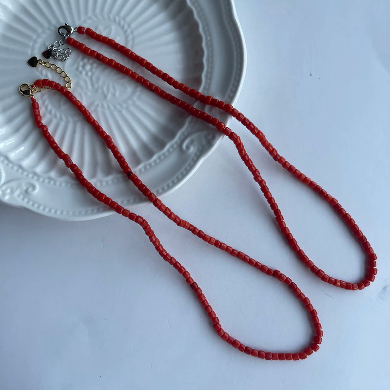 Red Coral Beaded Necklace Sea Bamboo Round Square Irregular Shape Beads