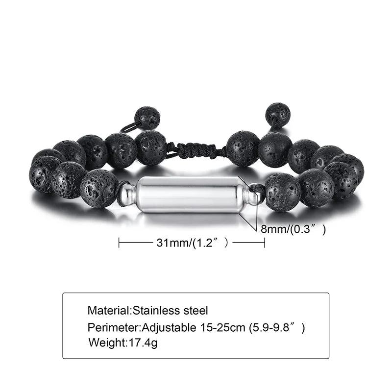 Men's Ashes Bar Bracelet Volcanic Rock Beaded Adjustable