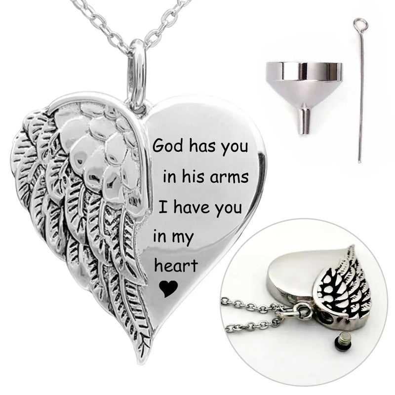 Stainless Steel Angel Wings Heart Pendant Necklace Keepsake Urn