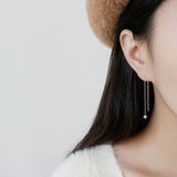 925 Silver Round Bead Chain Long Earrings Textured Drop Female Jewelry