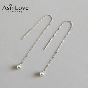 925 Silver Round Bead Chain Long Earrings Textured Drop Female Jewelry