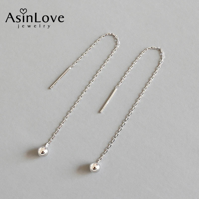925 Silver Round Bead Chain Long Earrings Textured Drop Female Jewelry