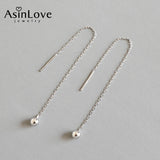925 Silver Round Bead Chain Long Earrings Textured Drop Female Jewelry