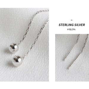 925 Silver Round Bead Chain Long Earrings Textured Drop Female Jewelry