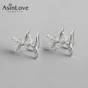 Zircon Leaves Ear Clip Earrings 925 Silver Women Gift Jewelry