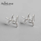 Zircon Leaves Ear Clip Earrings 925 Silver Women Gift Jewelry
