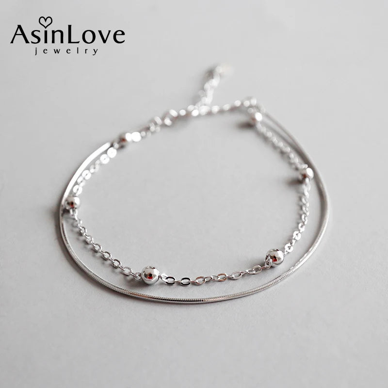 925 Silver Snake Bone Double Layer Anklet for Women Dainty Summer Jewelry