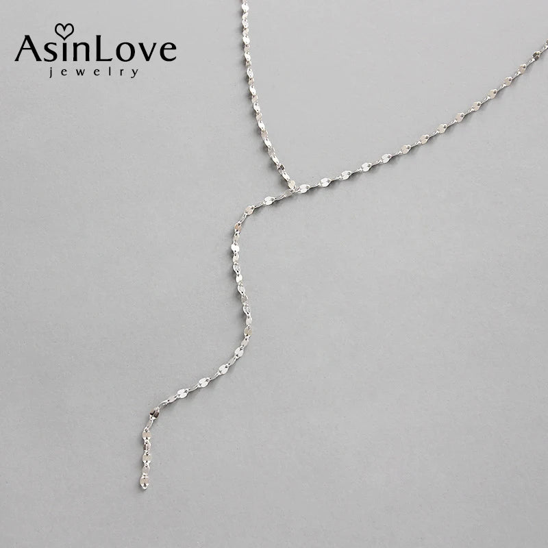 Minimalist Long Tile Necklace Real 925 Sterling Silver Chain