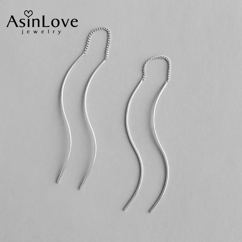 925 Silver S-Shaped Drop Earrings Smooth Line Long Jewelry Gift