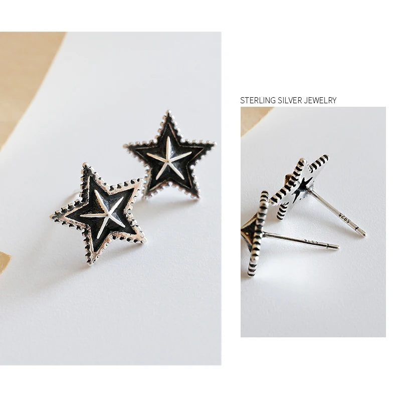 925 Silver Retro Star Stud Earrings for Women