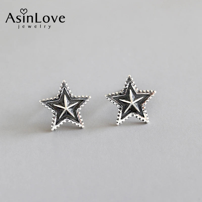 925 Silver Retro Star Stud Earrings for Women