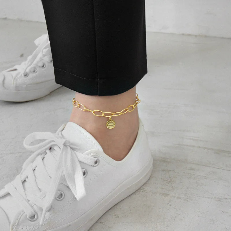 925 Silver Anklet Geometry Round Tag 18K Anklet Women Jewelry