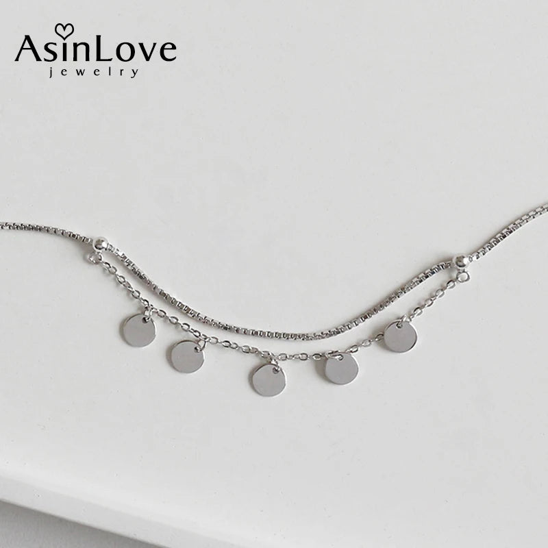 925 Silver Anklet Round Charms Box Chain Jewelry for Women