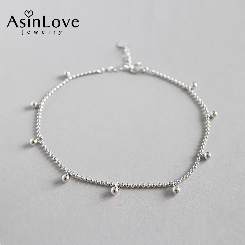 925 Silver Anklet Round Corn Cord Beads Fine Jewelry