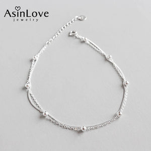 925 Silver Beads Double Layer Anklet All-match Fine Jewelry