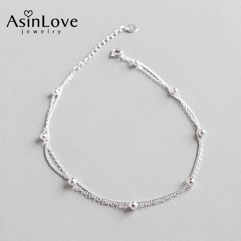 925 Silver Beads Double Layer Anklet All-match Fine Jewelry