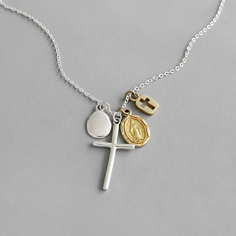 925 Sterling Silver Necklace Cross Portrait Coin Tag Pendant Personality Jewelry