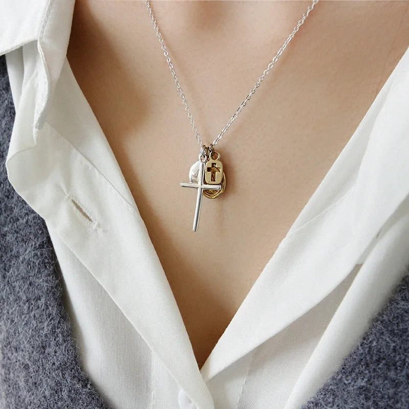 925 Sterling Silver Necklace Cross Portrait Coin Tag Pendant Personality Jewelry